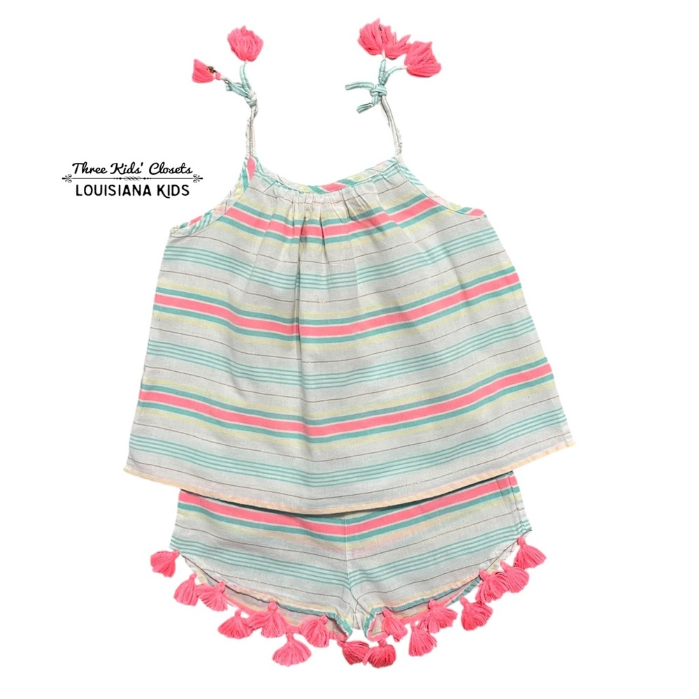 Sunuva 5-6Y Striped Tank Top and Shorts Set with Pink Tassels